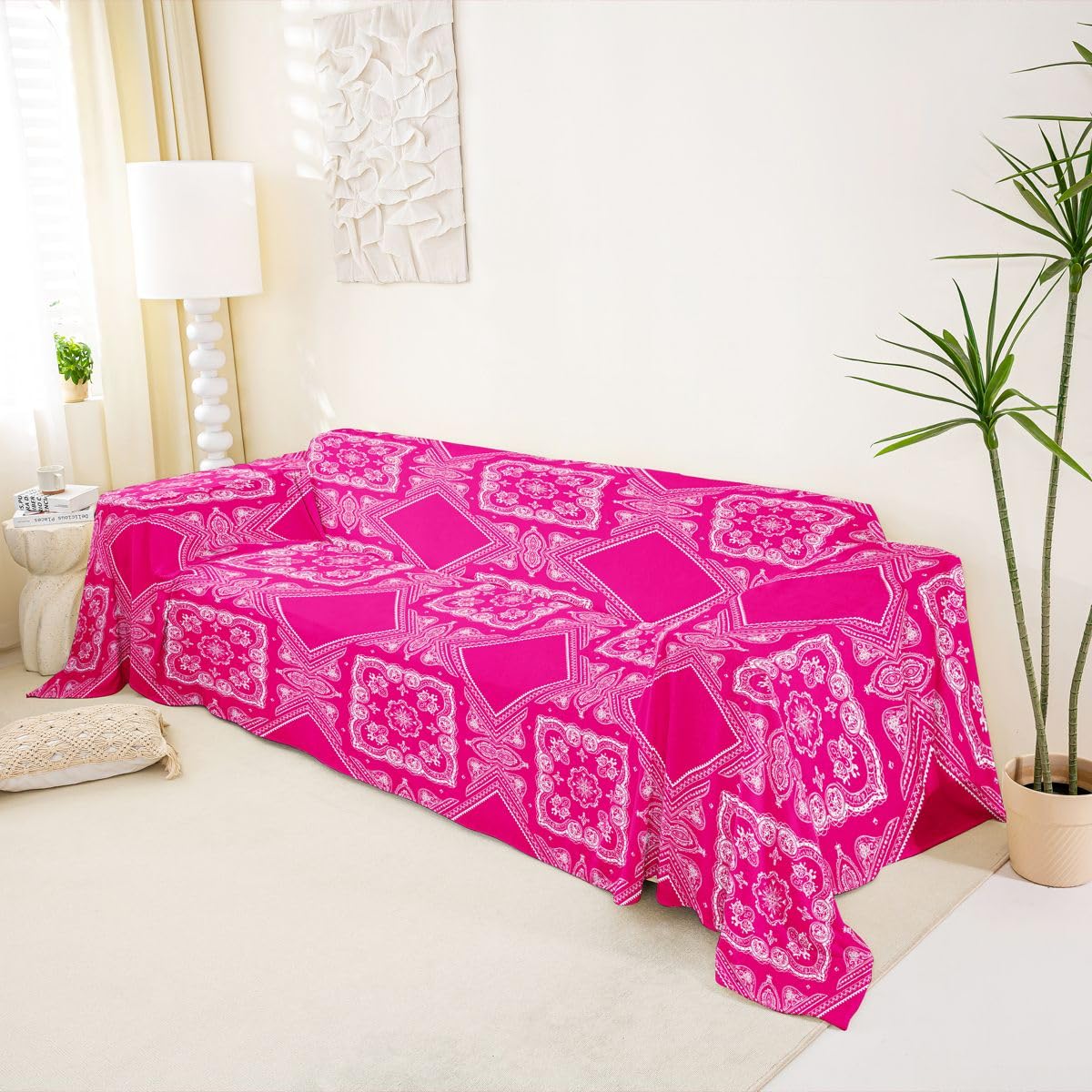 Homewish Funda de sofá de damasco floral rosa intenso, 180 x 340 cm