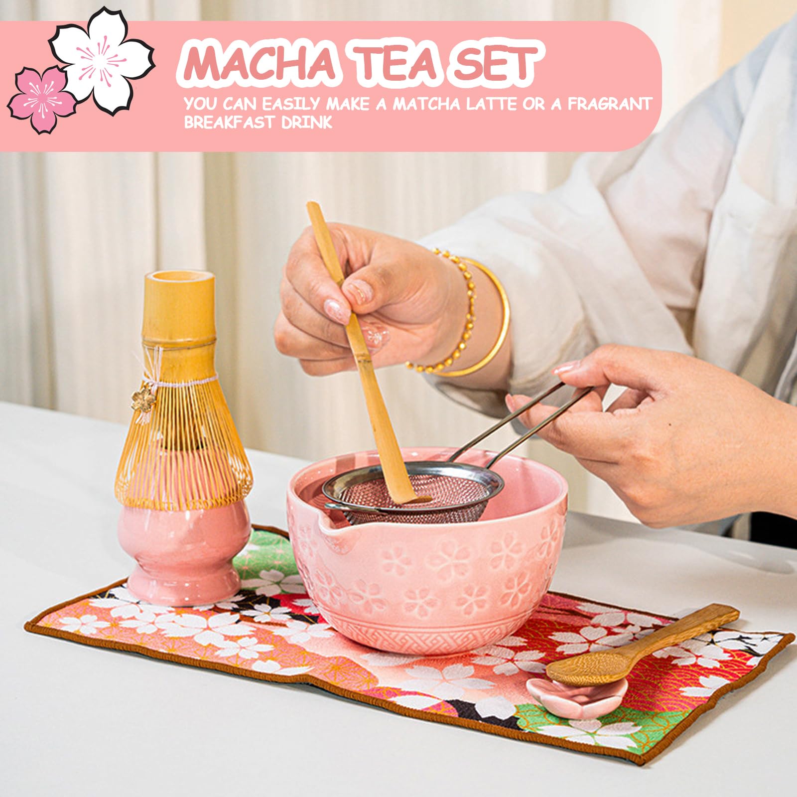 Zestaw Matcha 7-częściowy, różowy, zestaw do herbaty Matcha z trzepaczką Matcha, ceramiczną miseczką Matcha i uchwytem na trzepaczkę oraz sitem