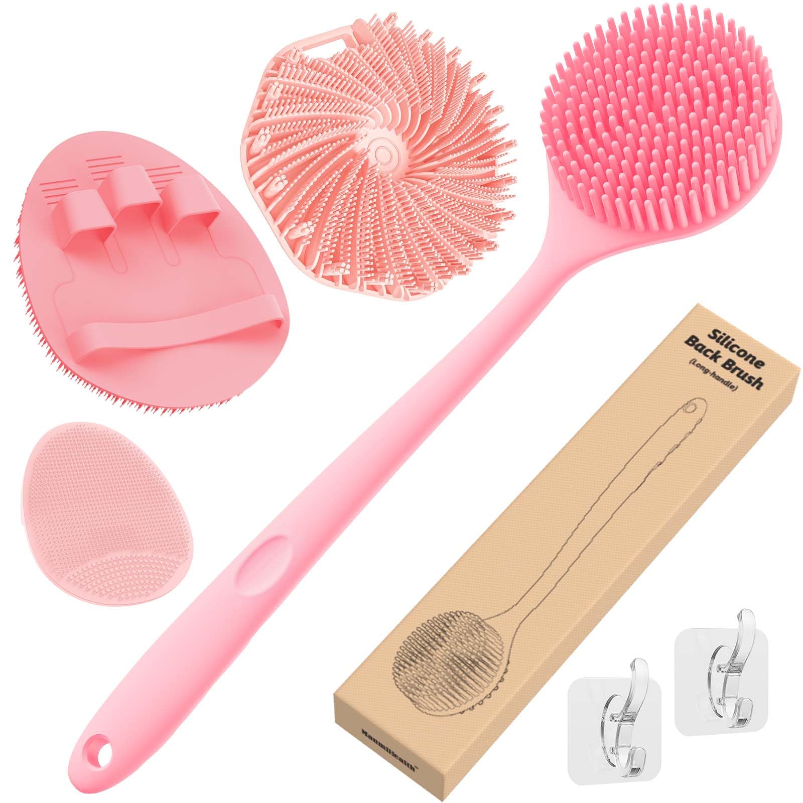 Manmihealth Silicone Back Scrubber & Soft Bath Glove Set 4 PCS(Thick Bristles), Super-Exfoliating Body Scrubber & Super-Lathering Shower Brush Combination, with a Free Hook(Pink)