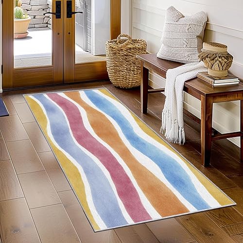 Miniatura 8 de Colourful Wavy Runner Rug 2x5 Small - Hallway Runner Rug 70s Retro Wave Pattern, Non Slip, Washable, Colourful Wavy Home Decor Carpet for Kitchen,