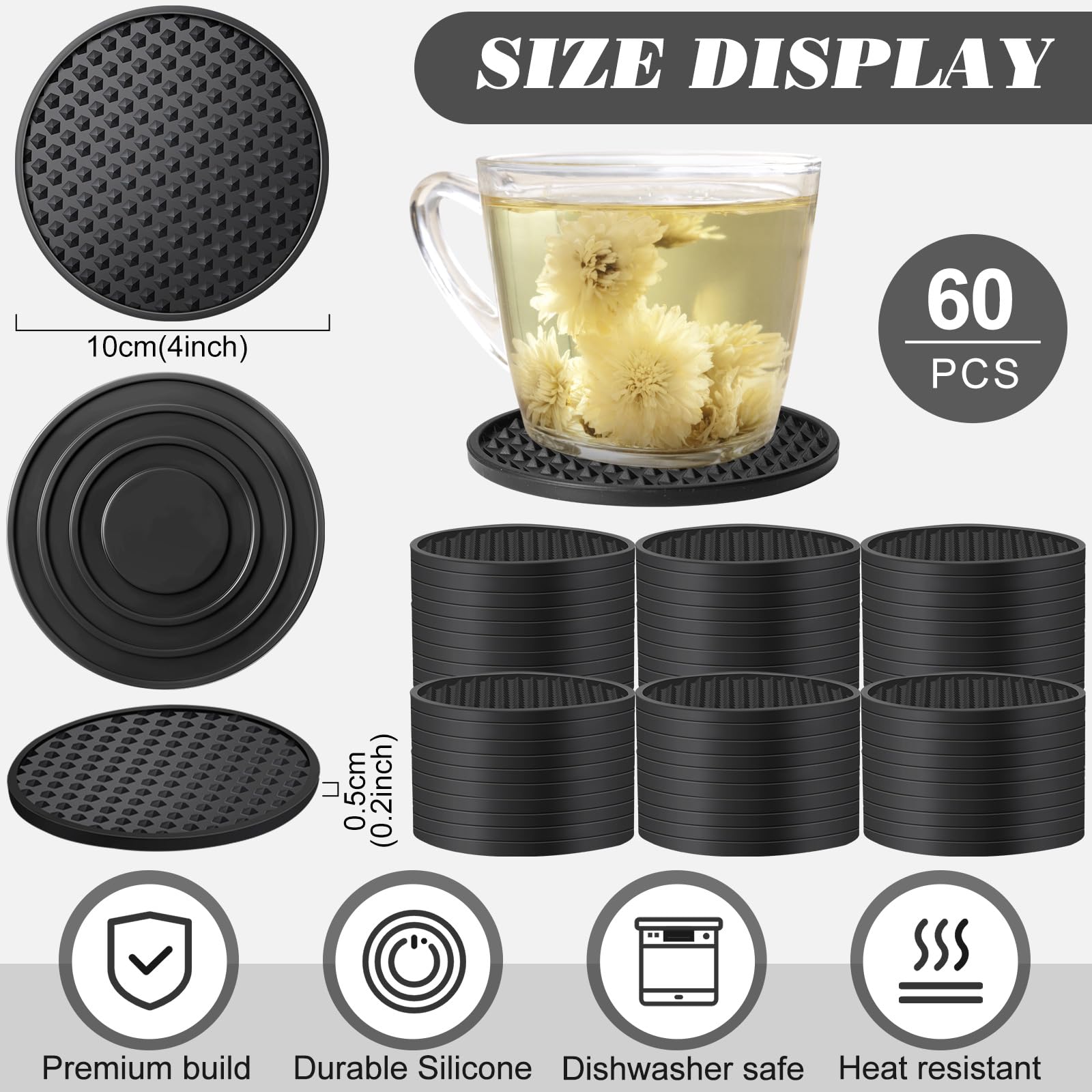 Eccliy Paquete de 60 posavasos de silicona antideslizantes para bebidas, resistentes al frío y al calor, para mesa, mesa de café, bar (negro)