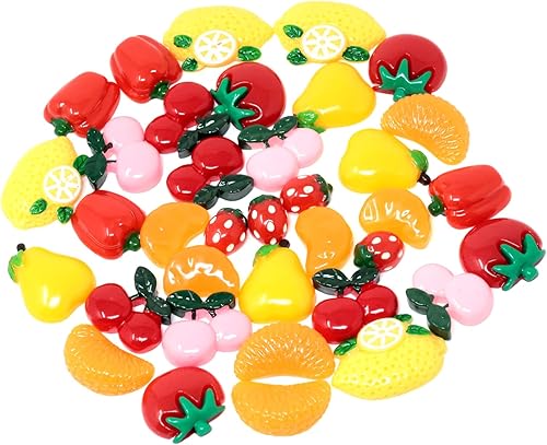 Miniatura 1 de Honbay 36 dijes de resina con parte trasera plana de frutas, pequeños dijes de limo vegetal, limón, pimienta, cereza, pera, tomate, fresa, naranja,