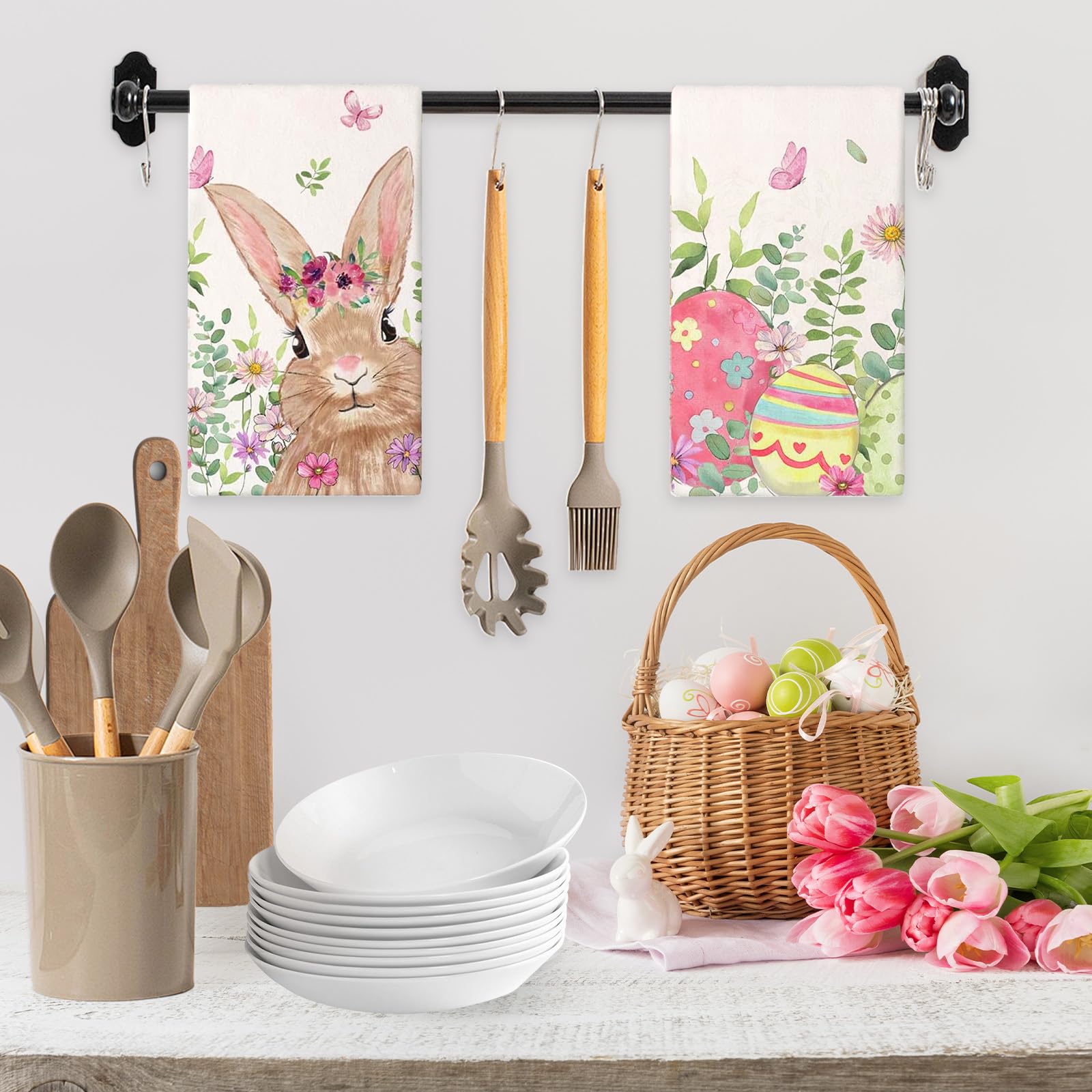 Strofinacci Pasqua 2 Pezzi - Cotone Assorbente, Motivo Conigli E Fiori, 43x66 Cm, Per Cucina - Foto 10