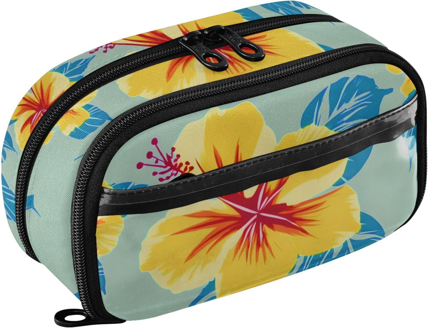 ALAZA Hibiscus Blue Yellow Flower Pattern Large Capacity Pencil Case, Aesthetic Stationery Organizer Bag with Clear PVC Window, High Capacity Pen Pouch with Dividers for School Office Travel