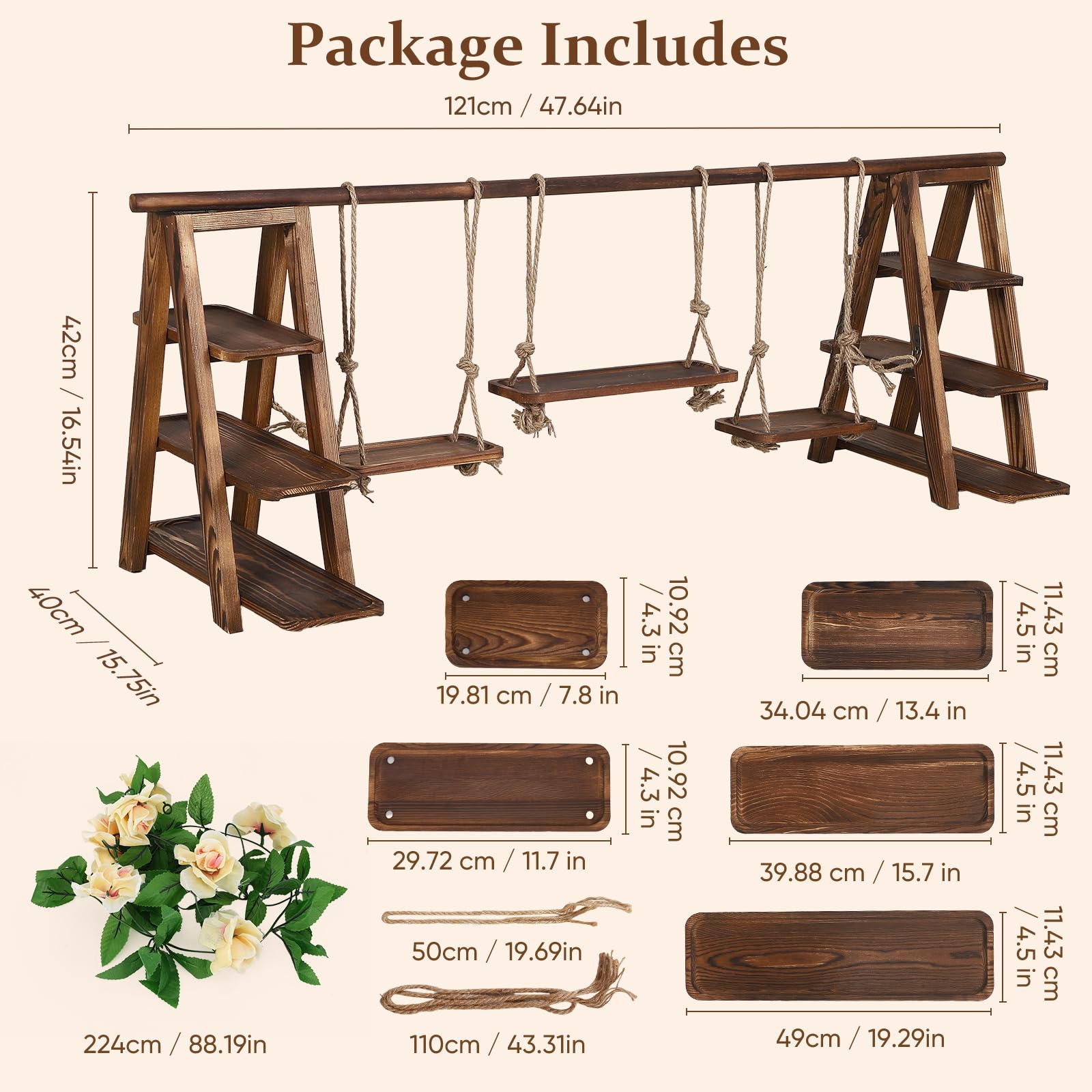 Holz Cupcake Ständer 3‑stufig, 121cm Großer Akazienholz Kuchenständer, Faltbarer Dessert Präsentierständer mit Schrägen Etagen für Geburtstag, Nachmittagstee, Hochzeit, Party, Café