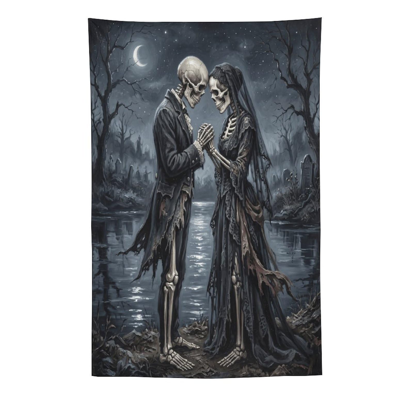 W7C8U2X3 Moonlit Skeleton Couple Wall Tapestry, Dark Fantasy Illustration