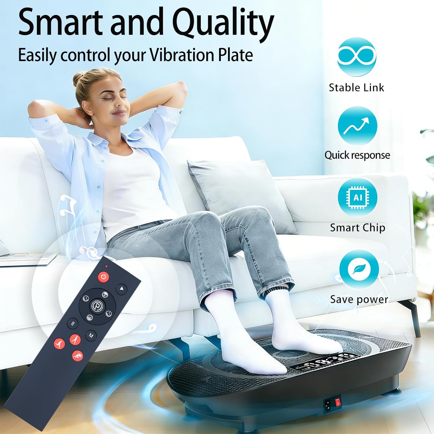 Person relaxing while using the ZWP remote control with a vibration plate