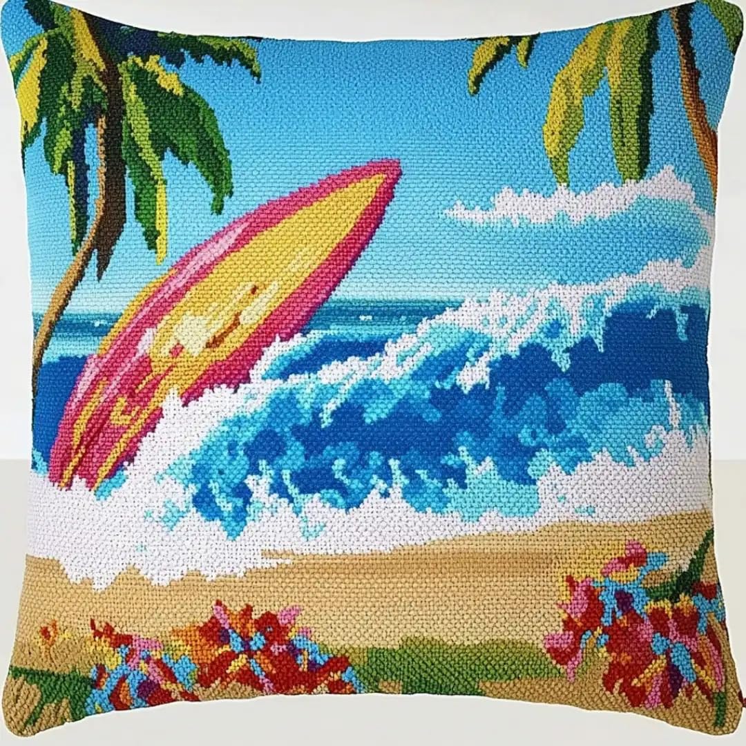 ANSIWEIGO Embroidery Latch Hook Cushion Cover Kit,Beach Surfboard,Cross Stitch Pillow Covers Kits DIY Craft Needlework Latch Hook Kits for Kids Adults,17x17 in