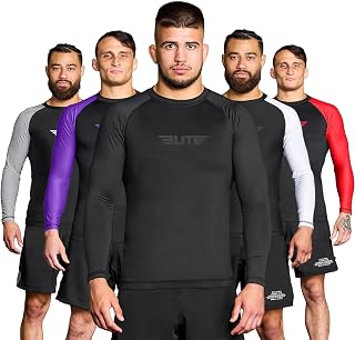 Elite Sports Men's Long Sleeve BJJ Rash Guard - Compression Jiu Jitsu Shirt for NoGi MMA Training