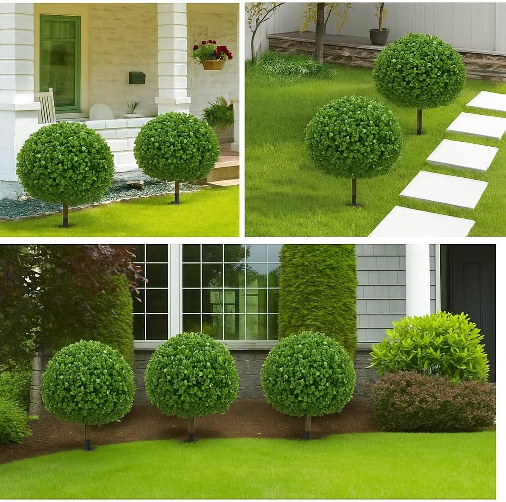 Artificial Tree with Ground Spike, Set of 2 Artificial Shrub Bushes, Fake Evergreen Tree for Porch, Artificial Plants for Outdoor Planters Indoor UV Resistant