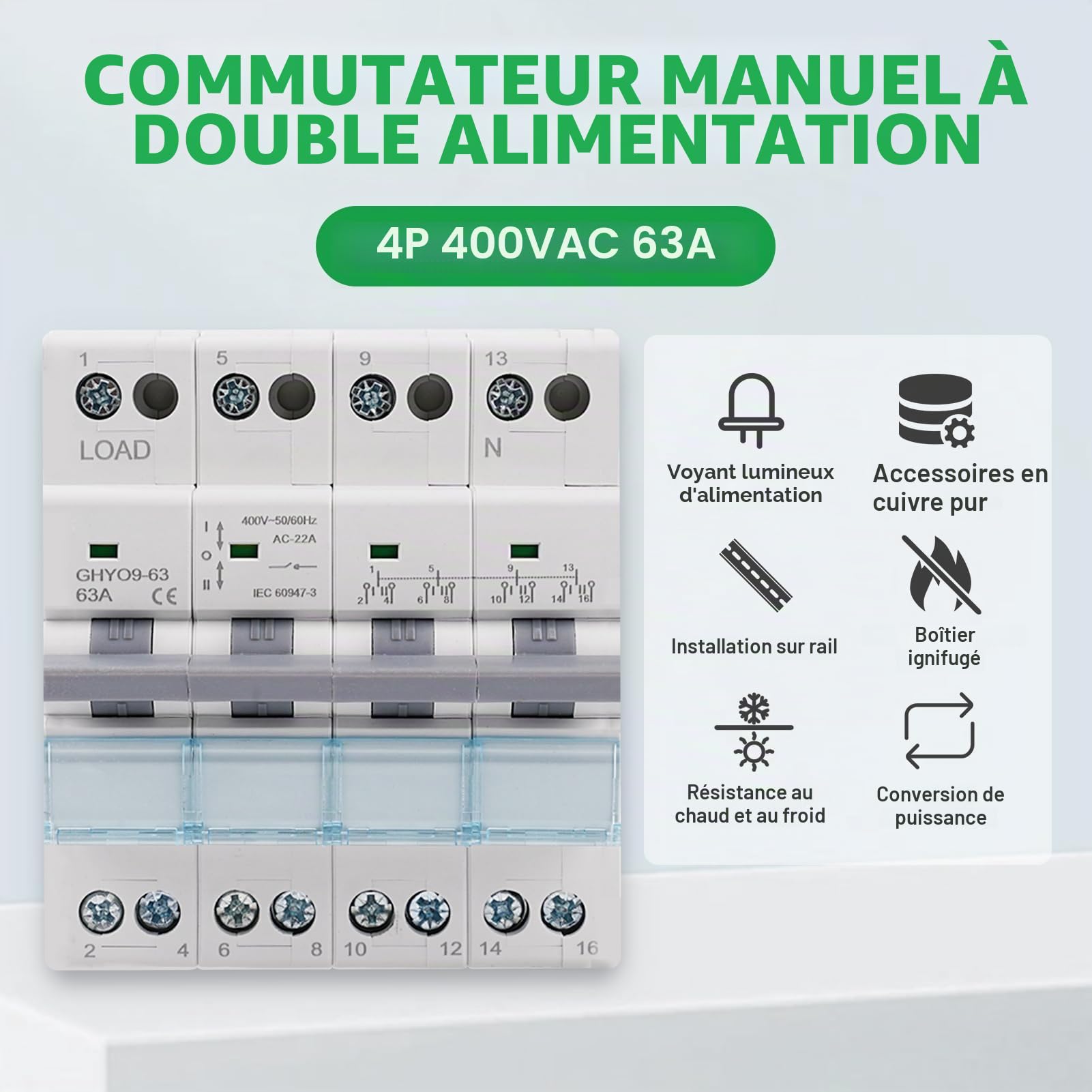 Commutateur de Transfert 4P 63A Inverseur de Source Manuel 400V AC Sectionneur Manuel Dual Power Rail DIN Commutateur Manuel