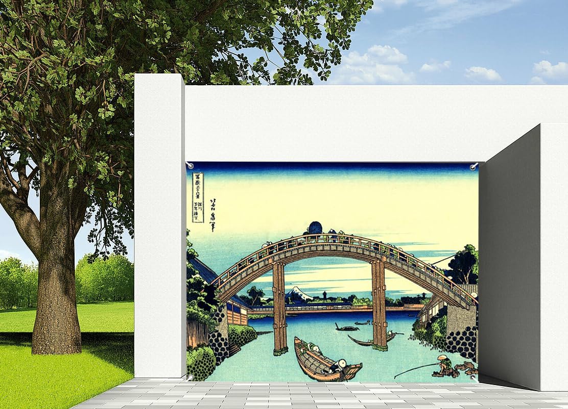 7x8ft Japanese Style Ukiyoe Garage Door Decor Japan Bridge Woodblock Blue Ocean Sailboat Village Garage Door Background Abstract Art Modern Family Background Decoration