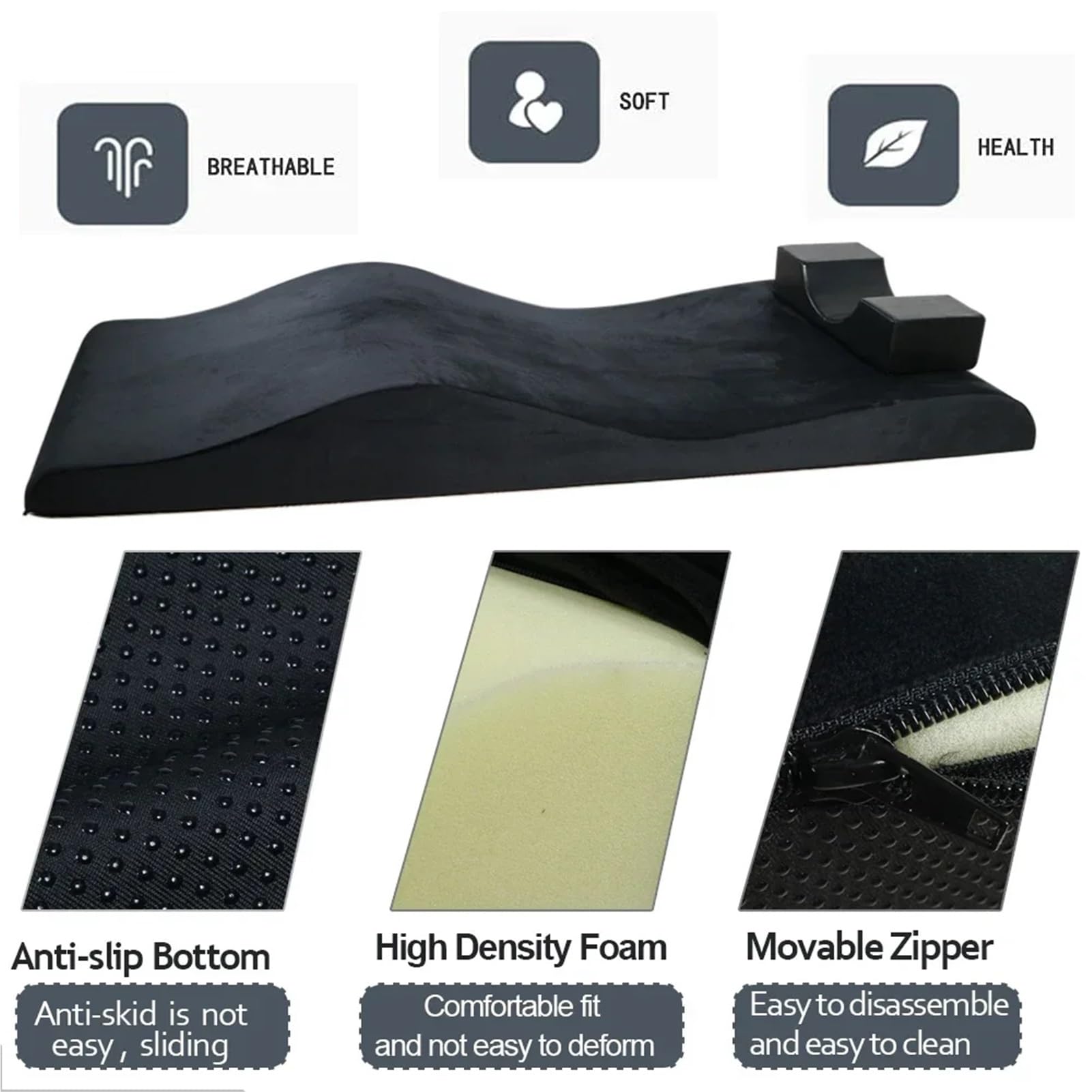 Matelas en Mousse à Mémoire de Forme pour Salon de Beauté, Noir, 180x60x18/13cm, Velours, Lavable