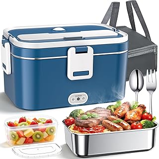 100W Fiambrera Electrica Trabajo 1.8L 12V/24V/220V Taper Electrico Portatil para comida con Bolsa Térmica y Cubiertos-Acero Inoxidable para Coche Camión y Trabajo 12