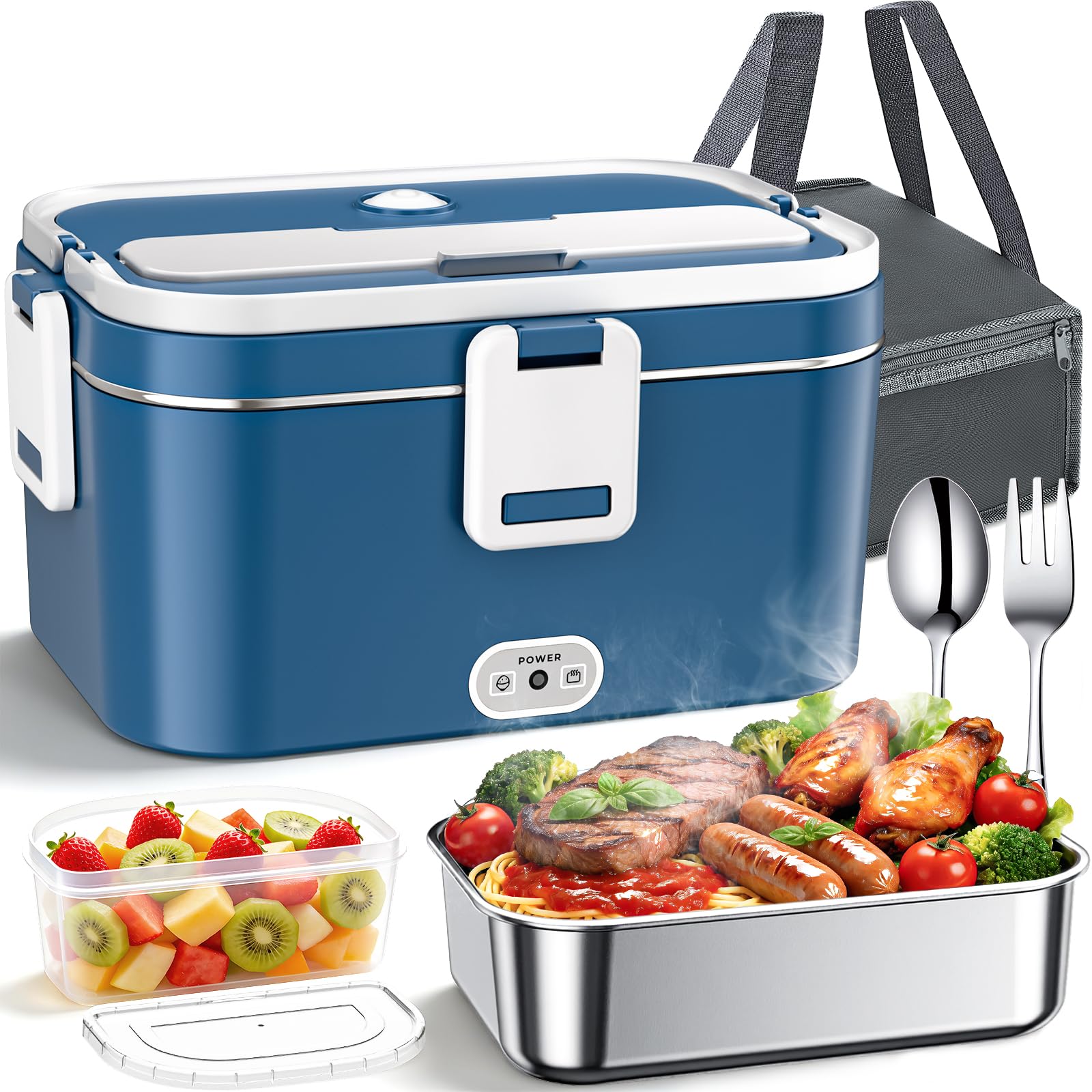 Scaldavivande Elettrico Portatile 100W 1.8L Lunch Box Termico 3 in 1(12V/24V/240V) per Auto Camion e Ufficio, Porta Pranzo Riscaldabile in Acciaio Inox con Borsa Forchetta e Cucchiaio
