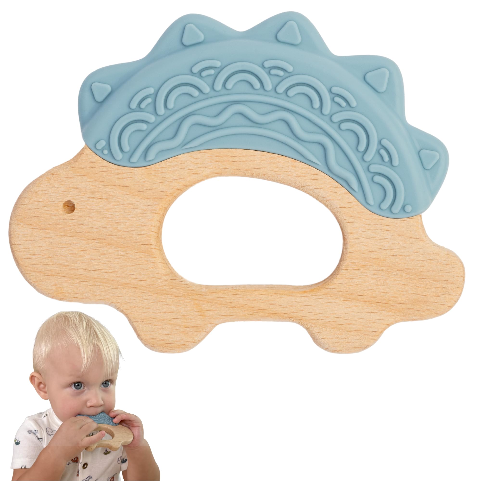 Baby Must Haves – Baby Teething Toys and Teether for Soothing Relief – Perfect for Teething Toys 3-6 Months and Shower Gifts – Soft, BPA-Free, Ergonomic Dinosaur Wood Design.