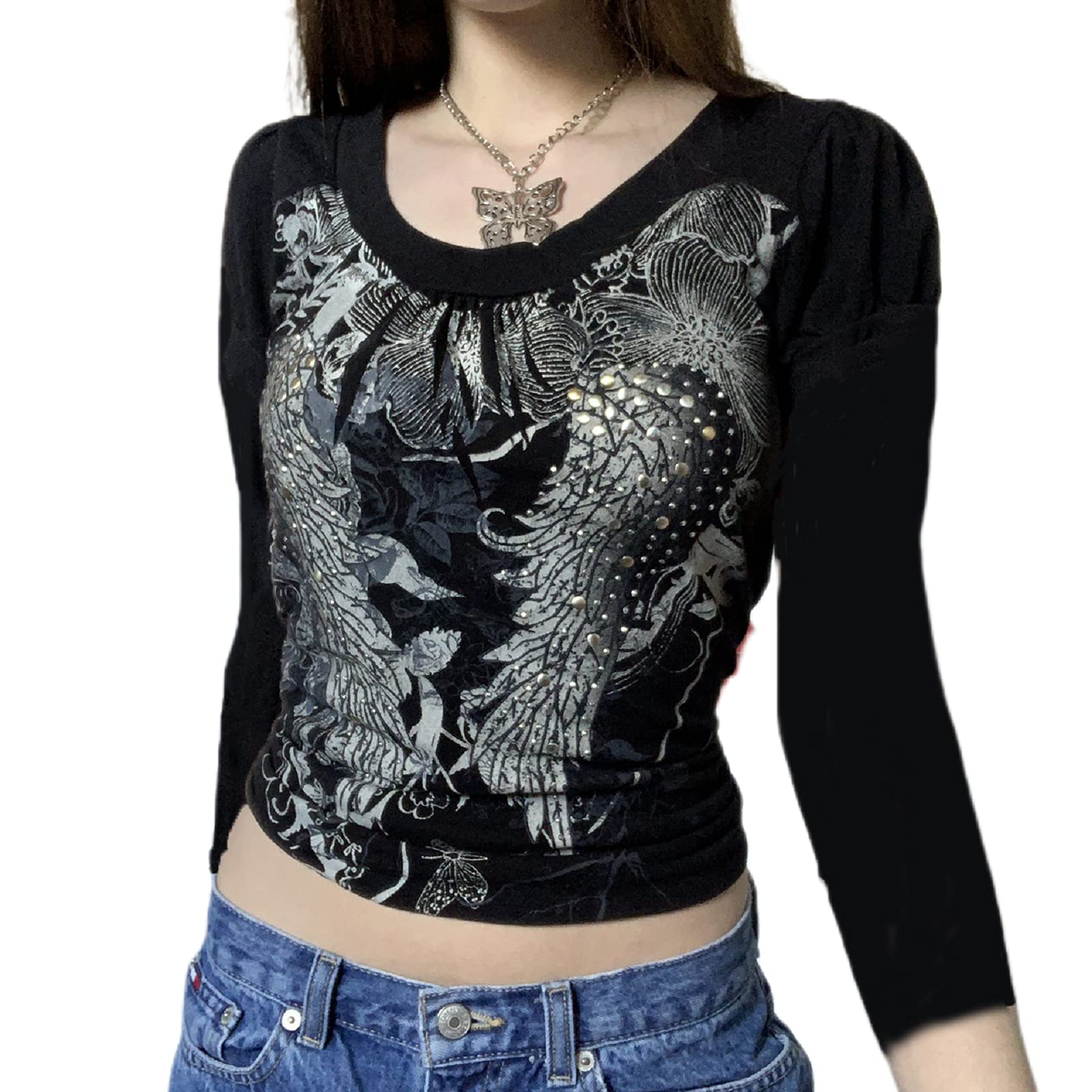Women Y2K Wing Rhinestone Graphic T-Shirt Black Ribbed Long Sleeve Crop Top Fairy Grunge 90's Aesthetic Clothes