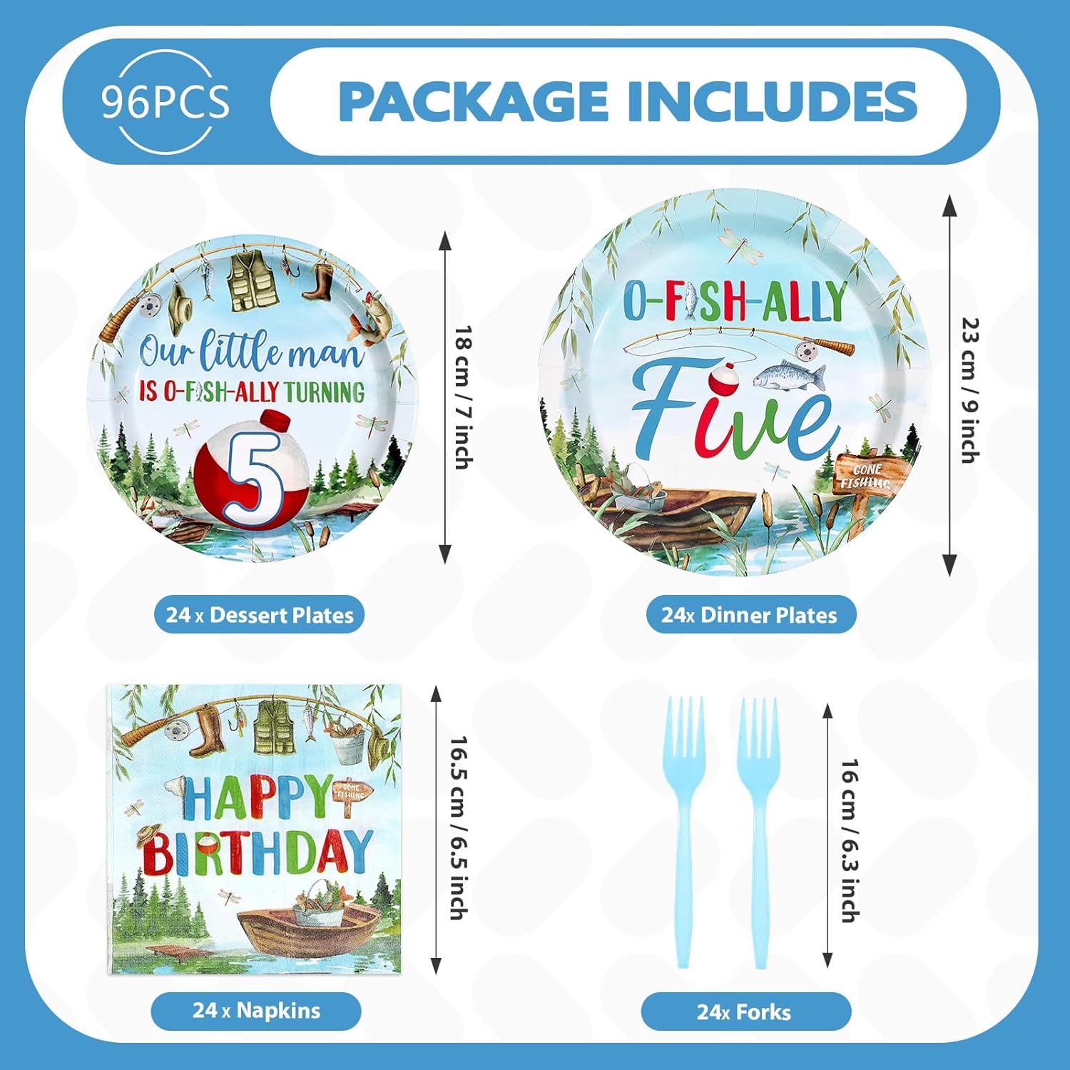 96Pcs Fishing 5th Birthday Party Decorations Gone Fishing Five Paper Plates and Napkins Ofishally Five Disposable Tableware Set for Fisherman Baby Shower 5th Birthday Party Supplies, Serves 24 - Image 5