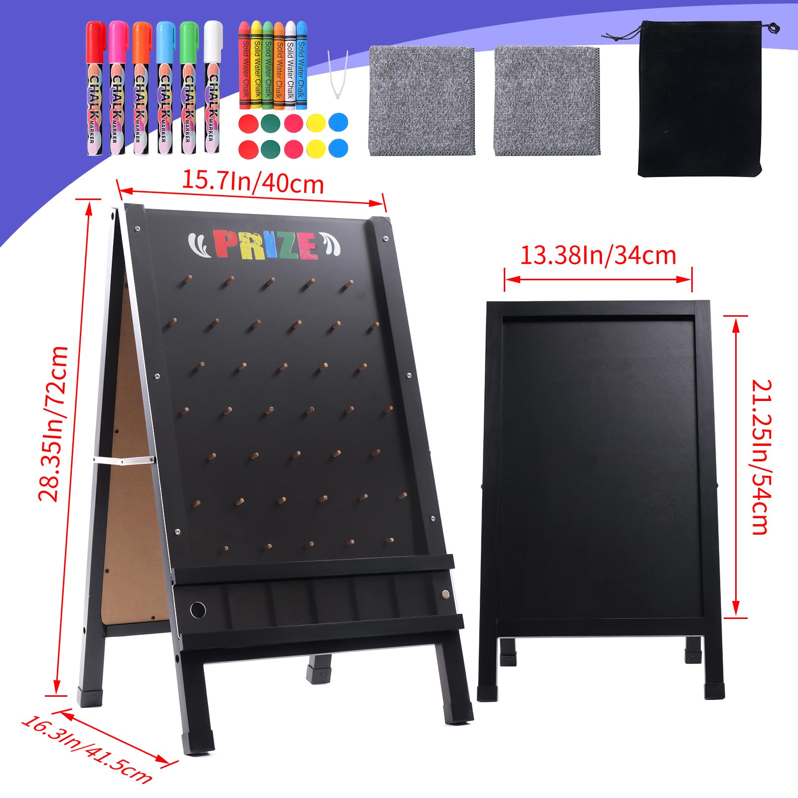 Tablero de juego Prize Drop, 15.7 x 27.5 pulgadas, diseño plegable de doble cara con letrero de pizarra de madera con marco en A para familia, carnaval, feria comercial y fiesta, incluye 10 discos de