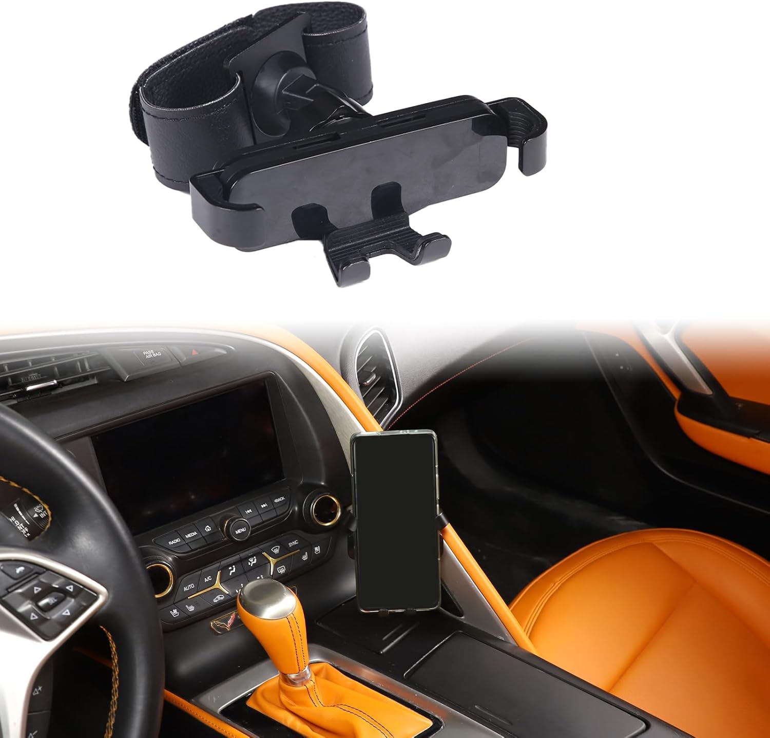 Car Phone Holder for Corvette C7 2014-2019 Aluminum Centre Console Handle Fixed Mobile Phone Mount Holder for Car Fit for iPhone Android and Universally Smartphones (A)
