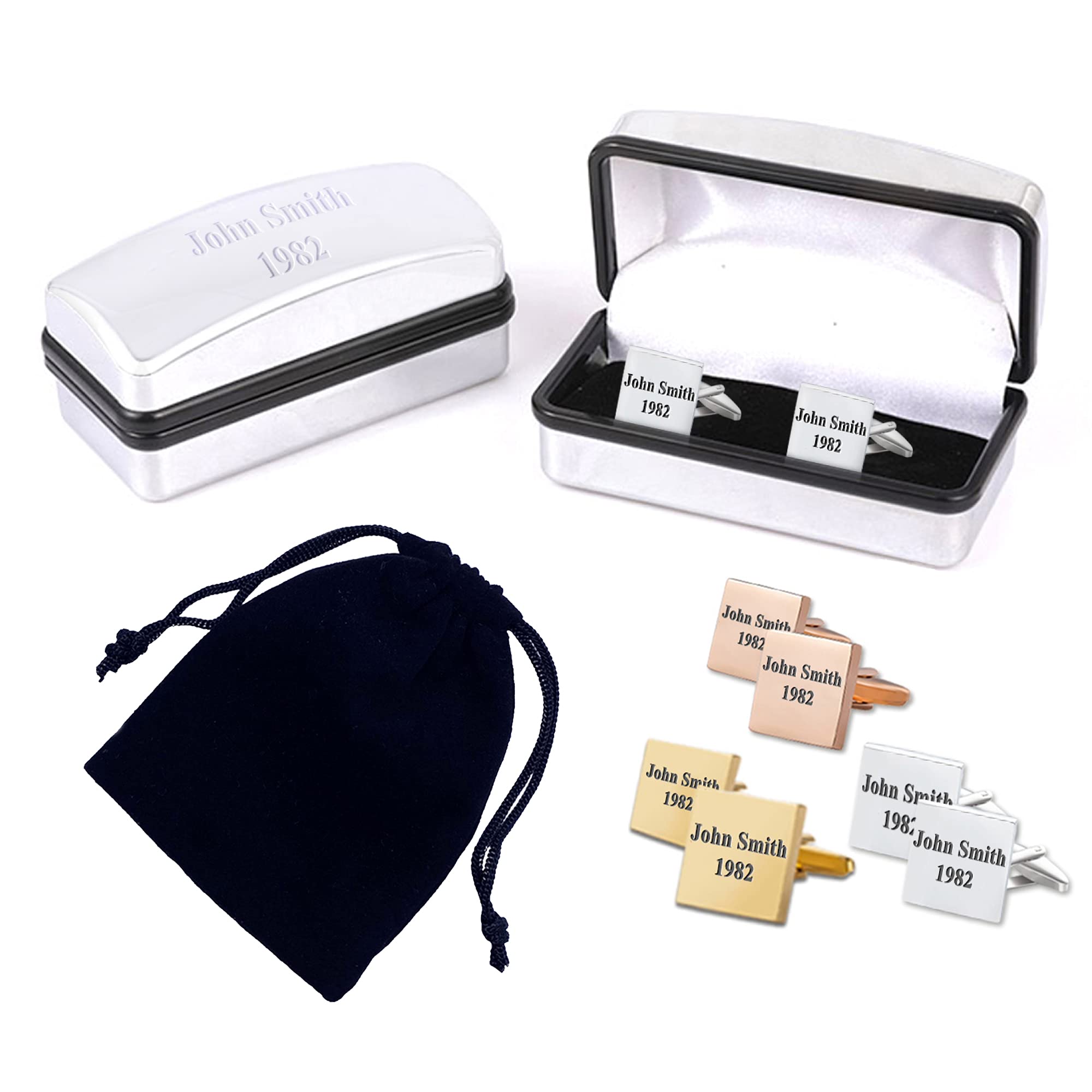 Paul CloverPersonalised Engraved Cufflinks for Men - Stainless Steel Square Shape Cufflinks with Premium Chrome Case & Velvet Pouch Options - Choice of 3 Colours, Gifts for Dad, Best Man, Groomsman
