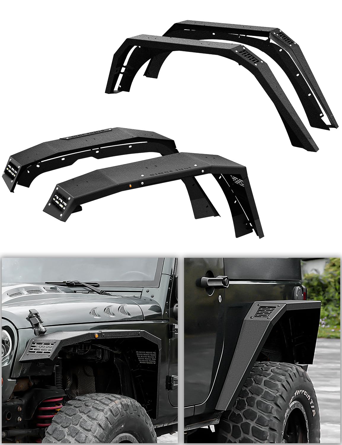 Flat Front &amp; Rear Fender Flares Compatible with 2007-2018 Jeep Wrangler JK 2/4 Doors Off-Road Mud Guards Wheel Flares Liner Set w/LED Lights (4PCS JK Front &amp; Rear Steel Fenders)