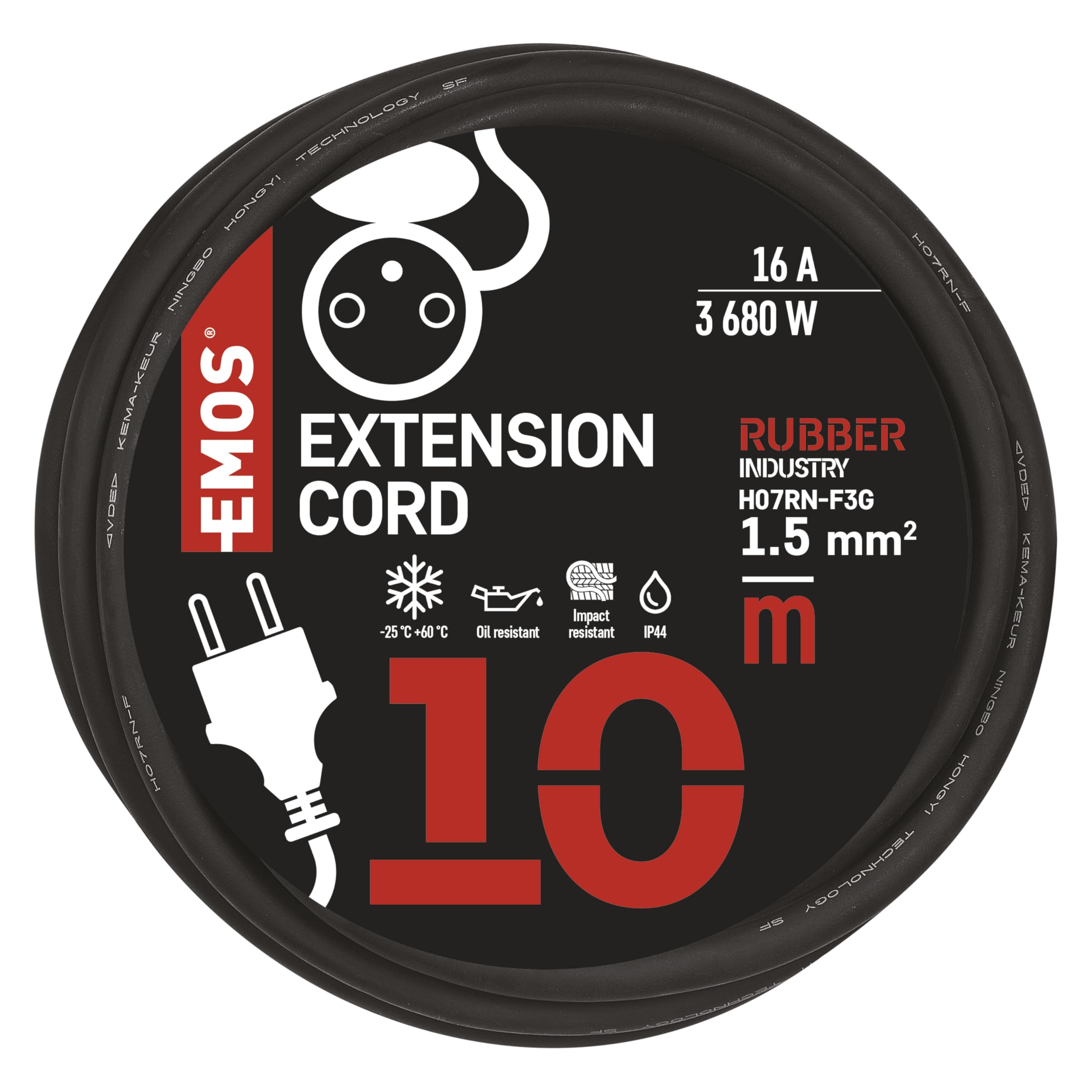 EMOS - Cable alargador IP44 de 10m - 1 Toma de Corriente Francesa - Impermeable, Resistente a los Golpes, a la Temperatura y al Aceite - 230 V, 16 A, 3680 W - Aislamiento de Goma - H07RN-F3G 1,5 mm2