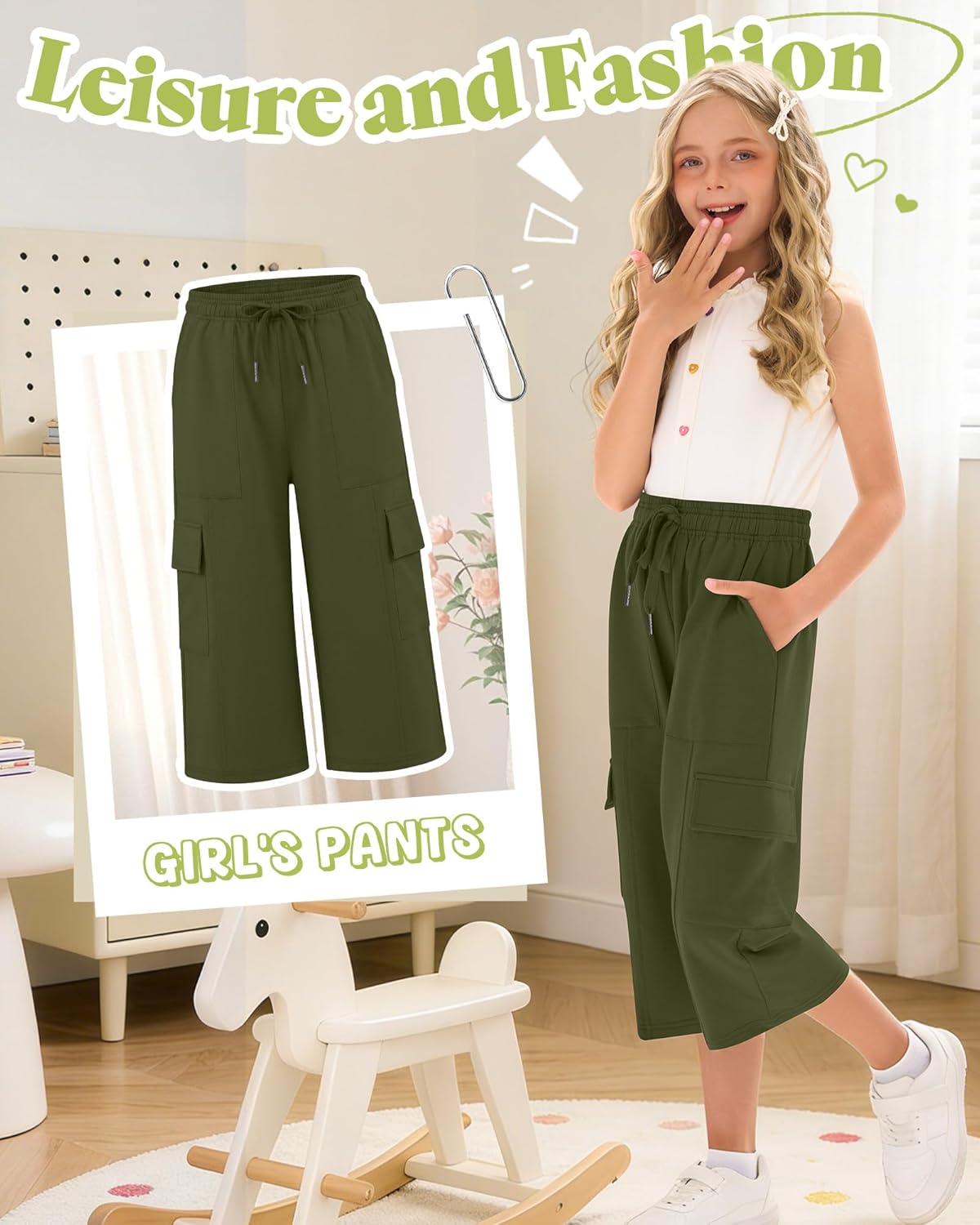 3 Pack Capri Sweatpants for Girls Wide Leg Cargo Capris Elastic Kids Waist Drawstring Active Casual with Pockets