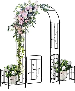 Garden Arch with Gate and Planter Box, 87”H Metal Archway with Lockable ...
