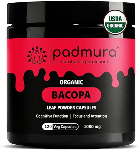 Cápsulas orgánicas de hoja de Bacopa Monnieri en polvo USDA Orgánico Vegano Sin gluten 120 cápsulas 1000 mg para función cognitiva Enfoque