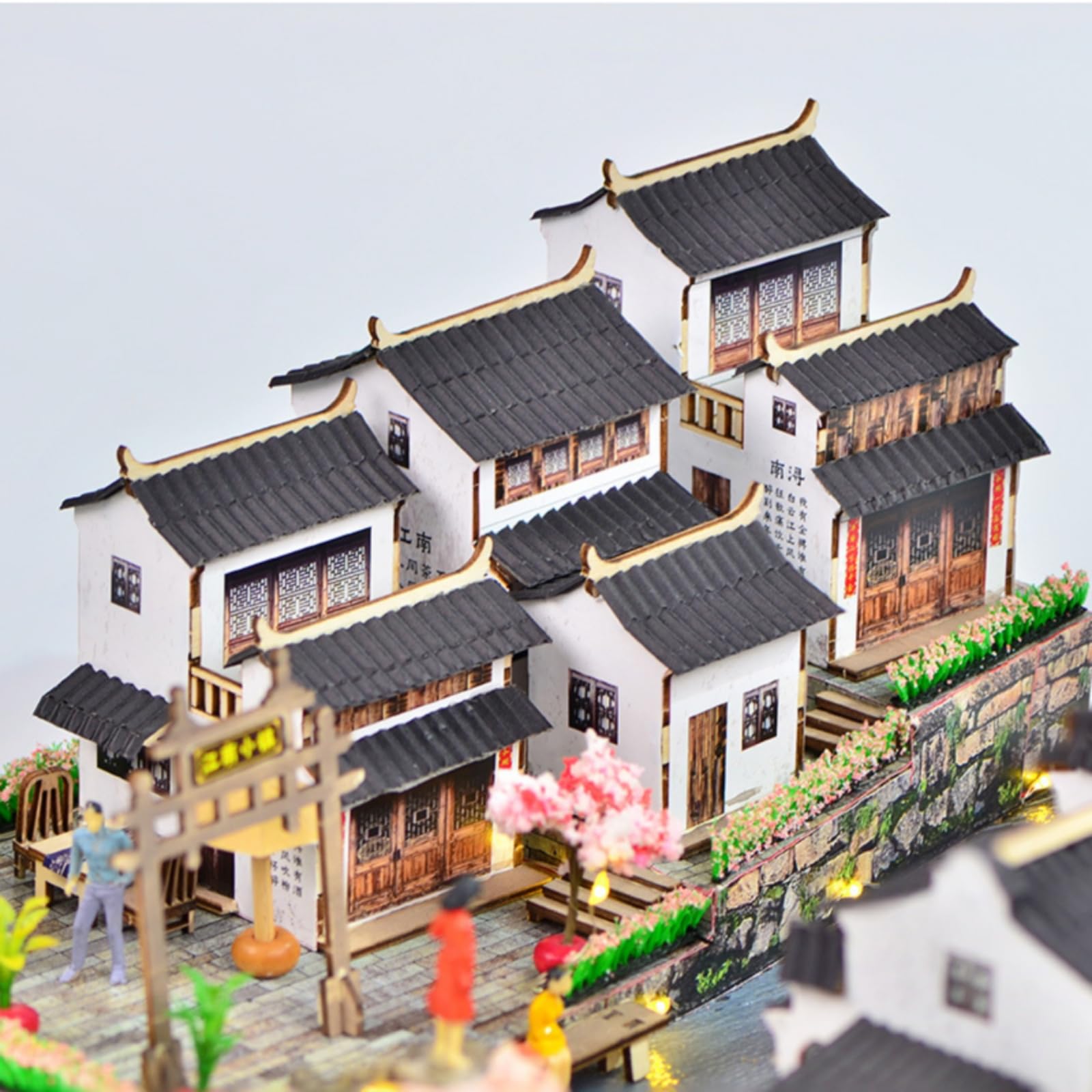 Architecture Assembly PRO Modello in in Miniatura Diorama Tradizionale con Ponte Ad Arco E Figura Decorativa Adatto per Collezione Decorazione Studio, 江南小镇2号BM382