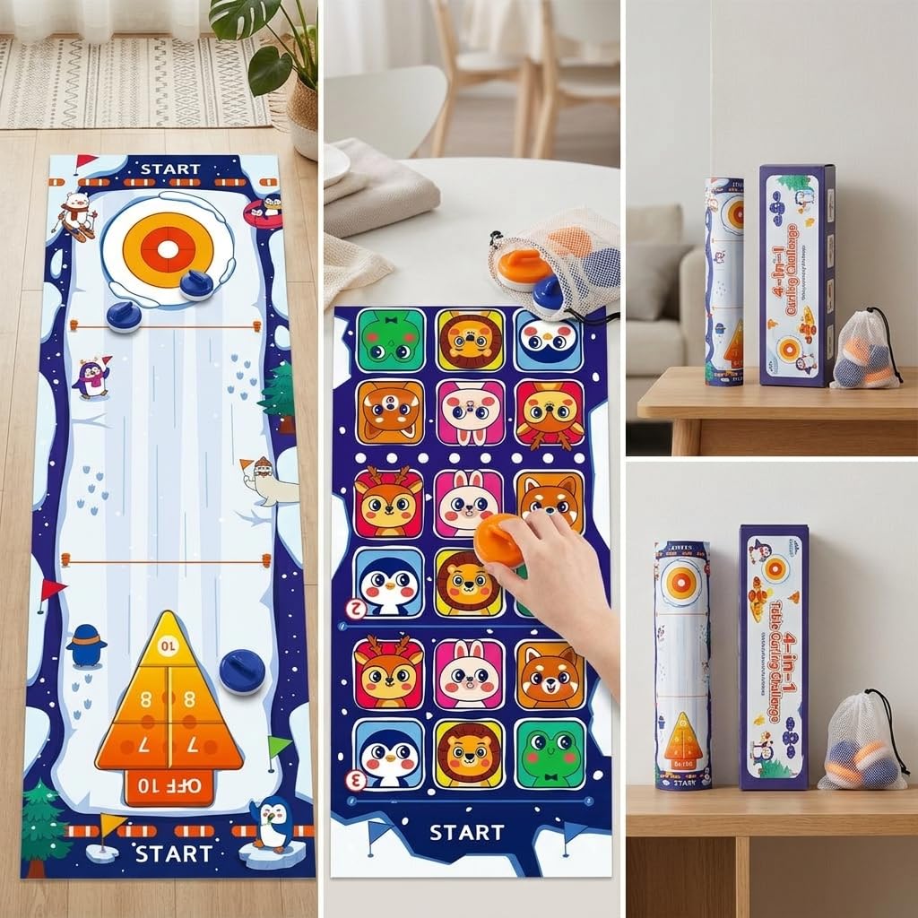 Tisch Spiel Set – Familienspiel Indoor für Kinder & Erwachsene, Tragbares Tabletop, Upgrade-Version [4-in-1] Tisch-Curling (vergrößert und verdickt)