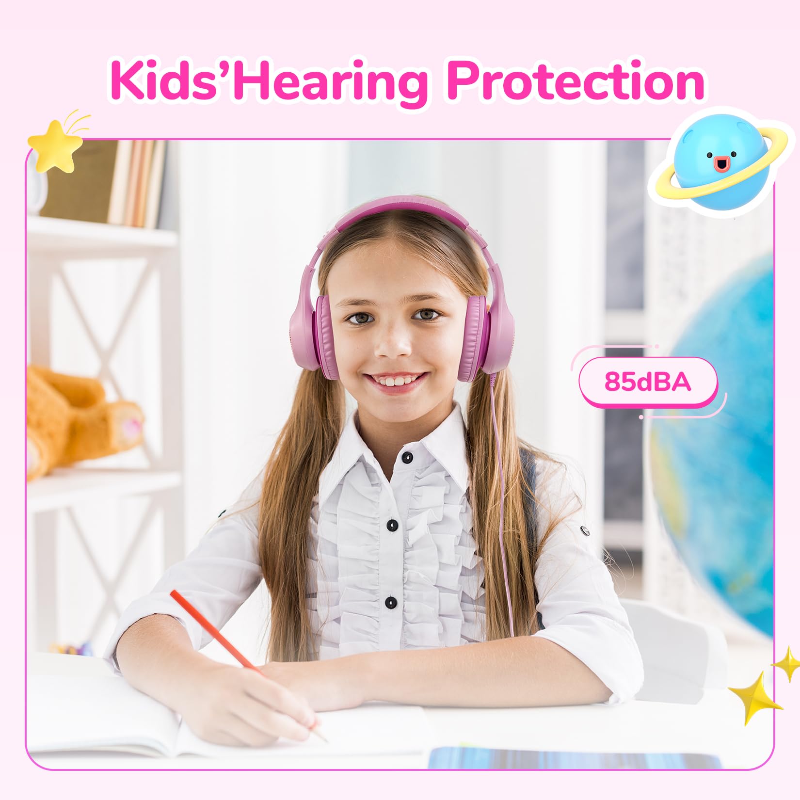 EarFun Auriculares Niños USB-C, con 85dB Volumen Limitado, Cascos Niña Over Ear con Cable, Plegables y Ajustables en 8 Niveles, Auriculares Infantiles Antienredos para Escuela/Tablet/Viajes, Rosa