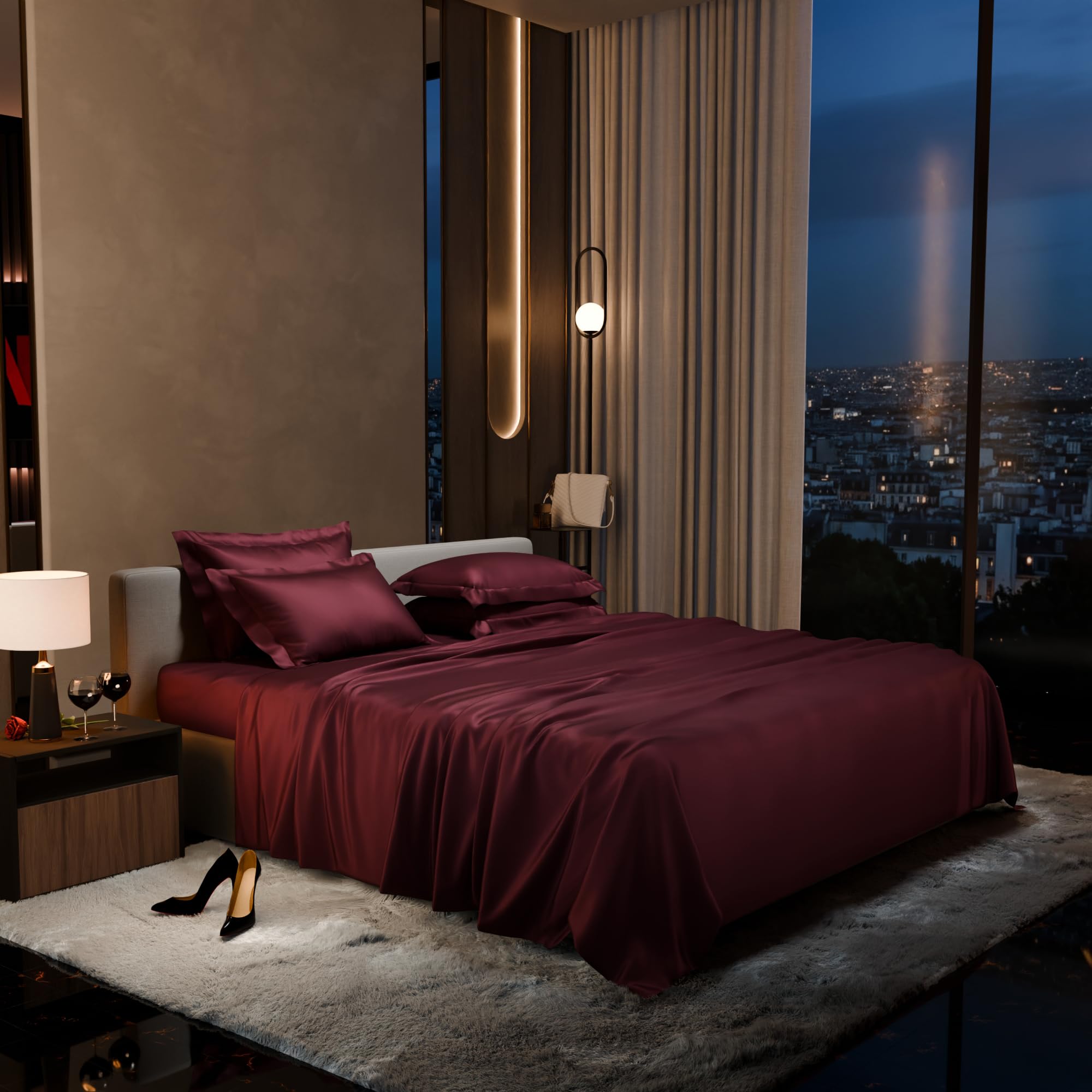Stoa Paris Super King Size Bedsheet with 4 Pillow Covers, 300TC Satin Premium Bedding Set, Housewarming, Wedding Gift for Couple, Date Night - Velvet Wine