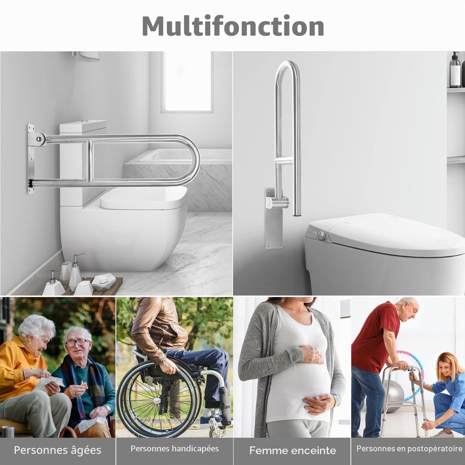 Barre d'Appui WC Handicapé, 60cm, Pliable, Acier Inoxydable