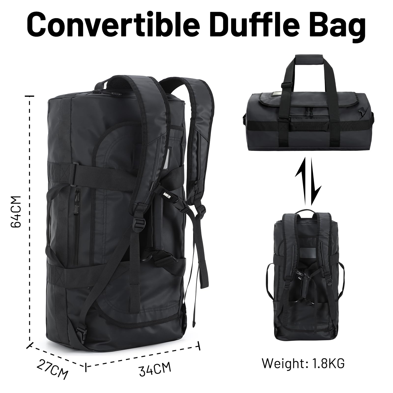 MIER Borsone da palestra da uomo, resistente, convertibile, impermeabile, con tracolla, per viaggi, notte, campeggio, Nero , 60L, Sportivo