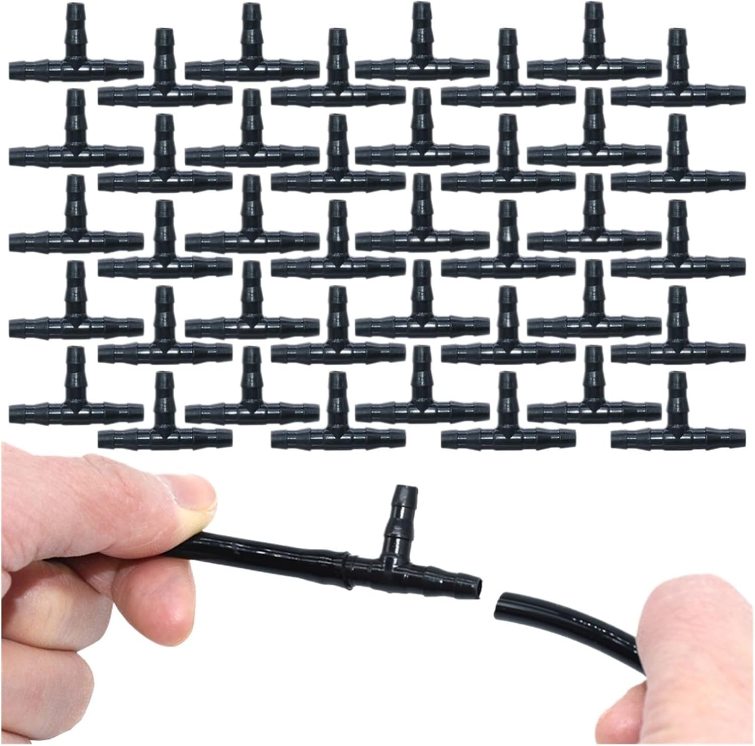 50PCS 1/4 Inch Drip Irrigation Tee Connectors, Barbed T Fittings for 4/7mm Tubing, Garden Watering Hose Joints(SPL11-009-50PCS)