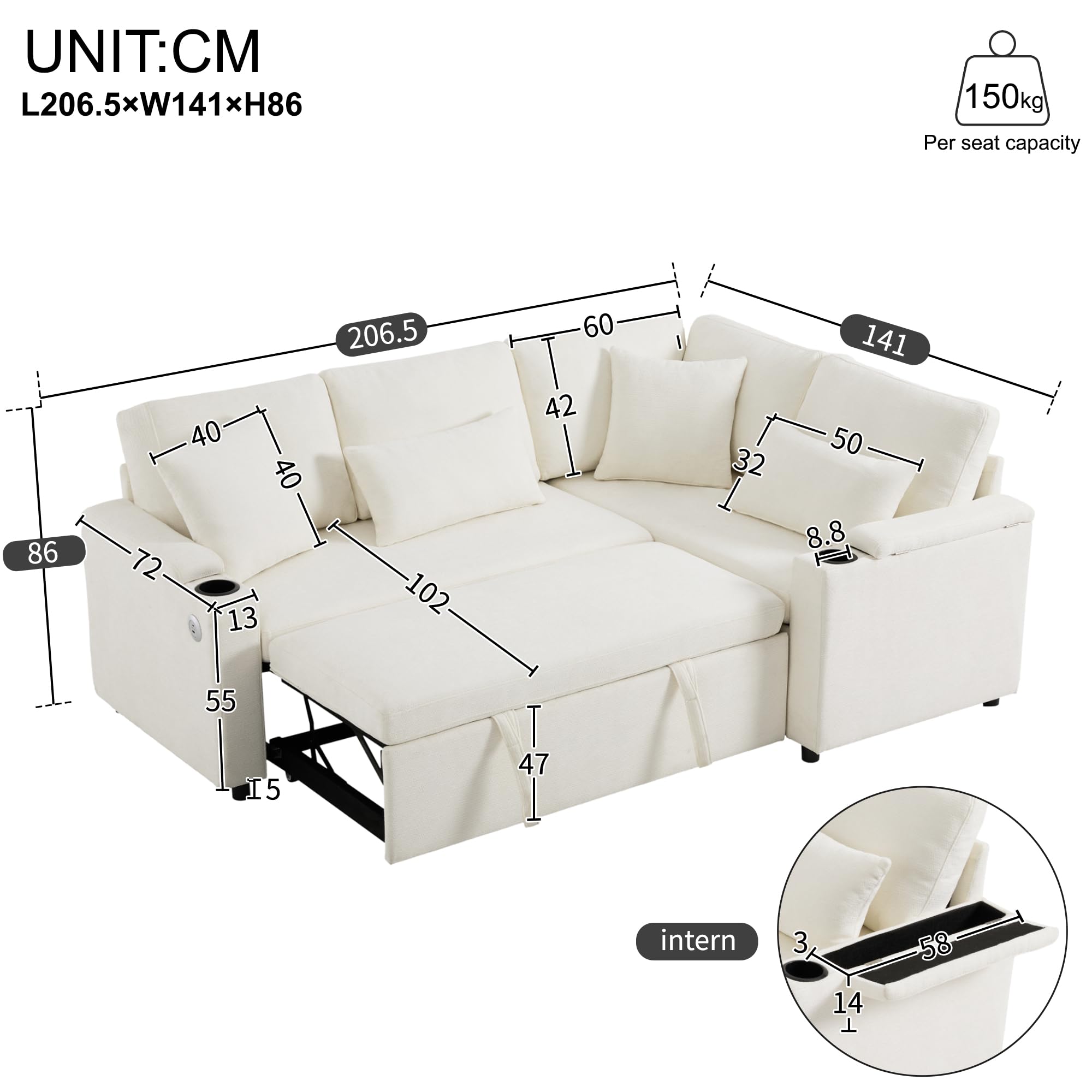 Bladez Divano letto a forma di L, divano ad angolo allungabile, velluto di ciniglia, chaise longue con vano portaoggetti, porta di ricarica, supporto per braccioli, per soggiorno (beige-A)