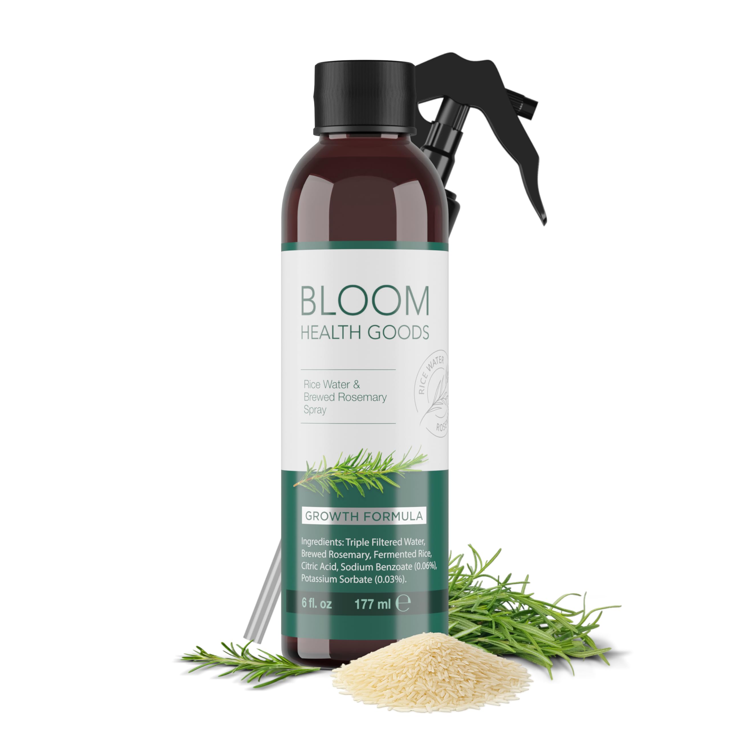 BLOOM HEALTH GOODS Rice Water And Brewed Rosemary For Hair & Skin. Mist And Spray. Organic Health & Growth Formula For All Hair Types. Whole, Natural, Ingredients.
