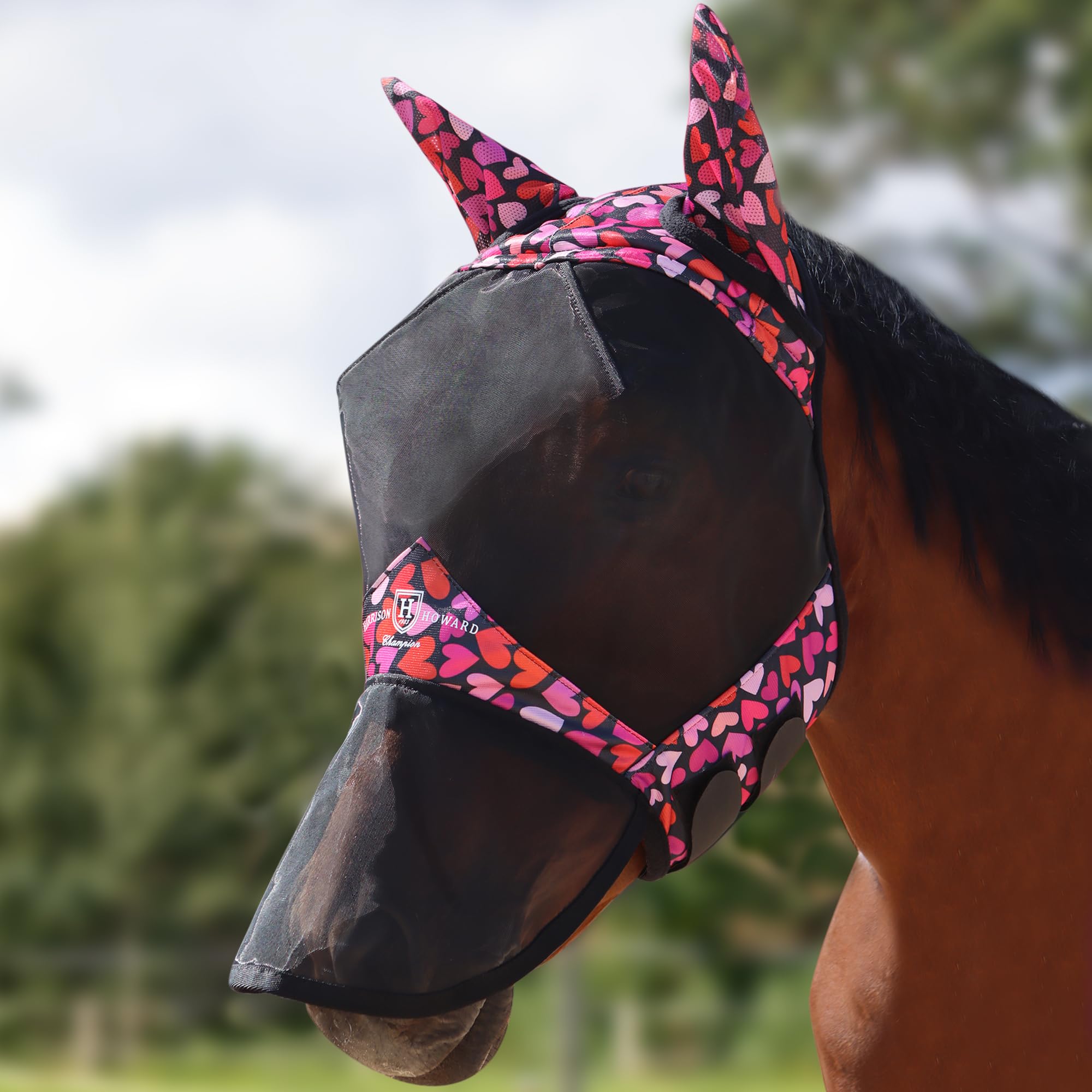 Harrison Howard Pro LumiVista Horse Full Face Fly Mask Large Eye Space Long Nose with Ears UV Protection for Horse Cute Hearts L