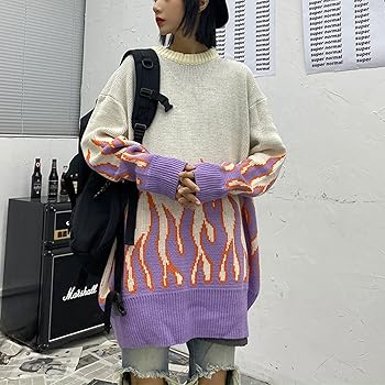 Women Sweater Long Sleeve Flame Bat Sleeve Jumper Oversized