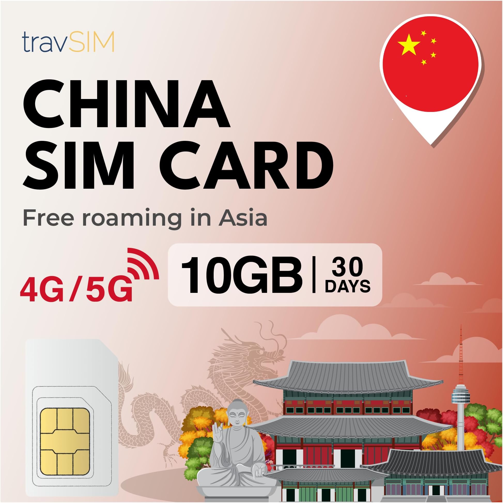 travSIM China SIM Card | 10GB Mobile Data | Unicom Network | Works on iOS and Android Devices | The Plan on This SIM Card for China is Valid for 30 Days.
