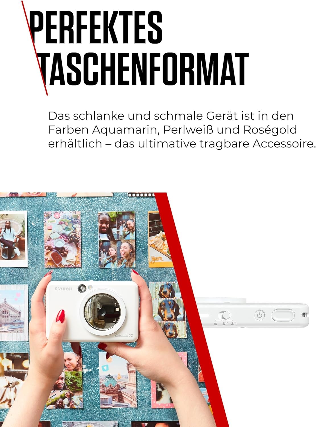 Canon Zoemini S2 Mini Sofortbildkamera + Fotodrucker mobil tragbar unterwegs Hosentasche (Fotodruck 5x7,6 cm, kabelllos, eingebauter Akku, Canon App, Bluetooth) perlweiß [+ 10er Zink Druck-Set]