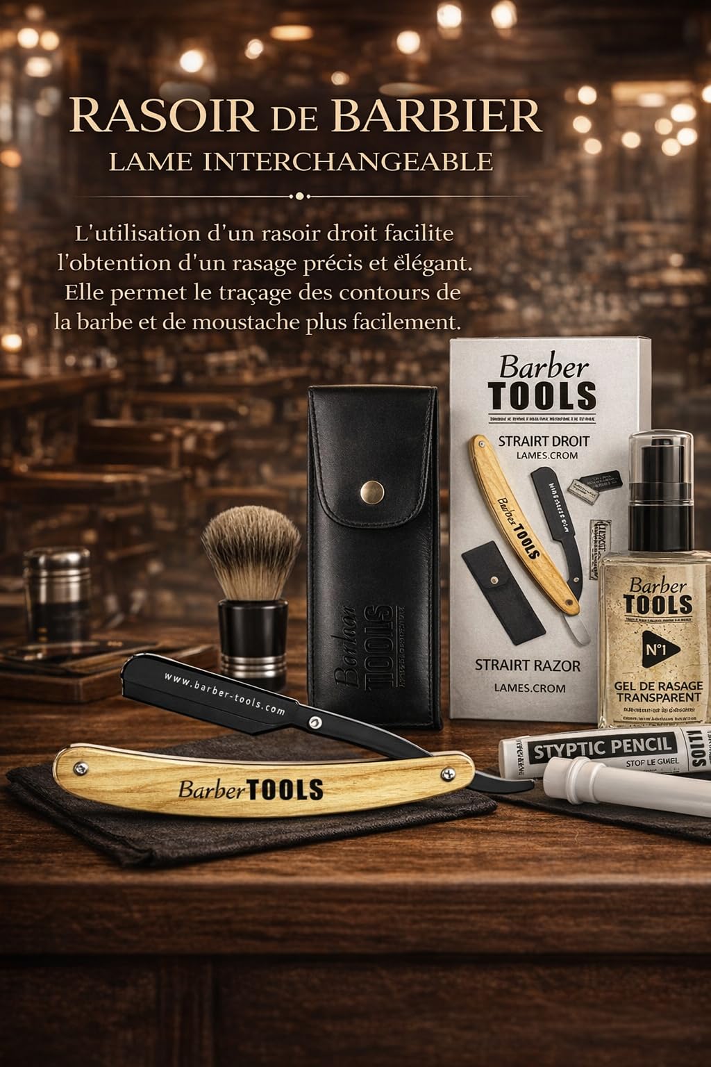 Kit de Rasage Homme Complet – Rasoir de Barbier Coupe-Choux à Lame Interchangeable avec Lames, Gel de Rasage Transparent, Stick d’Alun, Chiffon & Étui de Rangement BARBER TOOLS