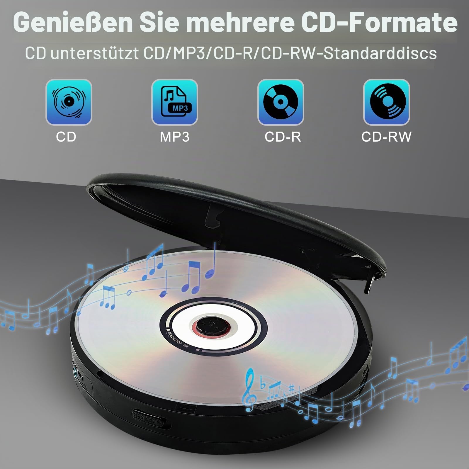 Tragbarer CD-Player mit Dual-Lautsprechern | Antischock, USB/AUX, LCD-Display | 5 EQ-Modi, A-B Repeat, 10 Geschwindigkeiten | Mobiler Musikplayer in Schwarz