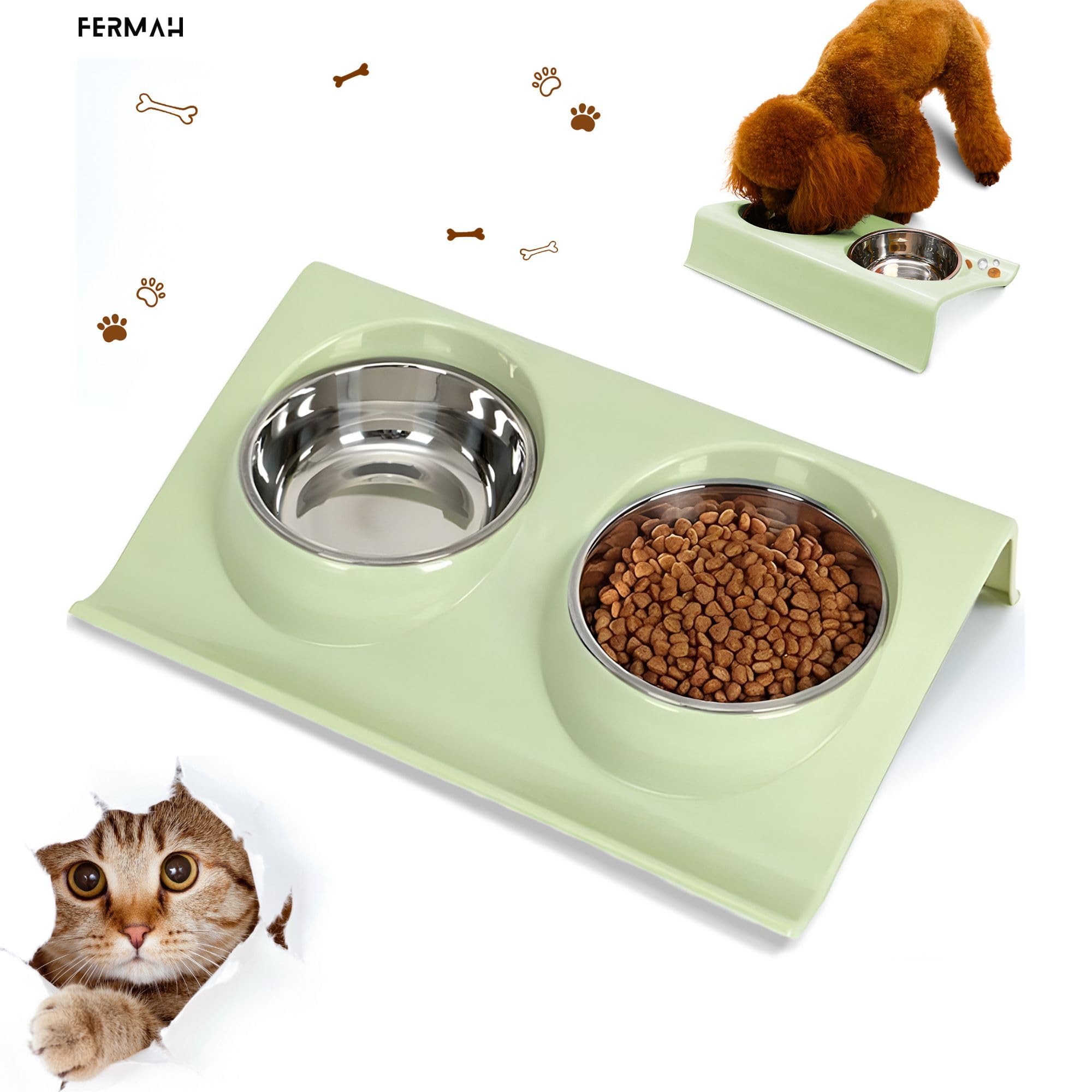 FERMAH Comedero Gato Inclinado | Comedero Perro Inclinado | Inclinación 15º | Cuencos Acero Inoxidable | Base Antideslizante | Mascotas PEQUEÑAS | Color Verde Agua