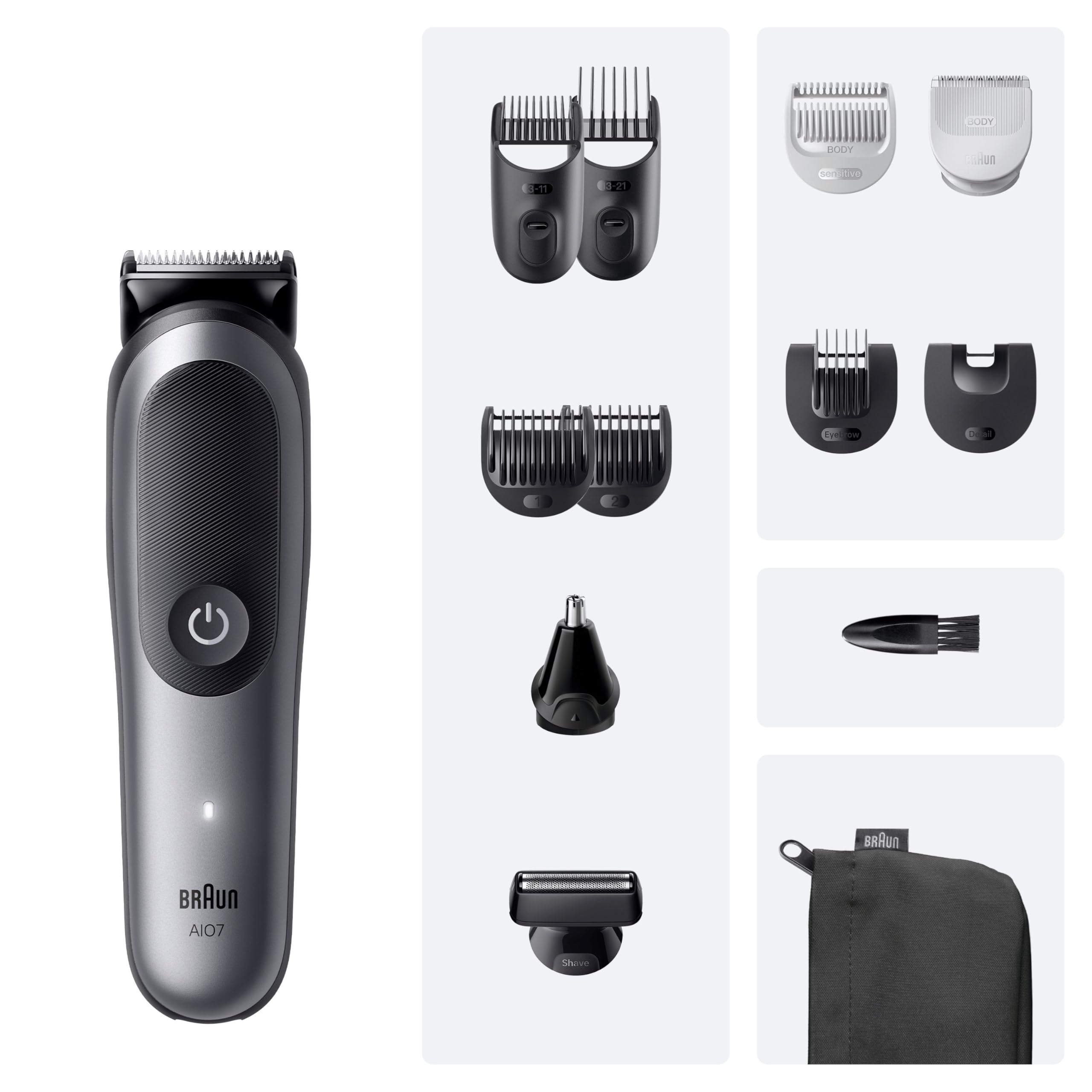 Braun Tondeuse Electrique Homme, Tout-en-Un Series 7 AIO7545 12-en-1, Grise | Etanche, Batterie Rechargeable, Lame ProBlade, sans Fil, Coffret avec 7 Sabots, 3 Accessoires, Emballage en Carton