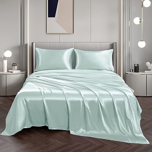Miniatura 4 de Vonty - Juego de sábanas de satén, sedosas, tamaño matrimonial, color azul hielo, 1 sábana bajera con bolsillo profundo + 1 sábana encimera + 2