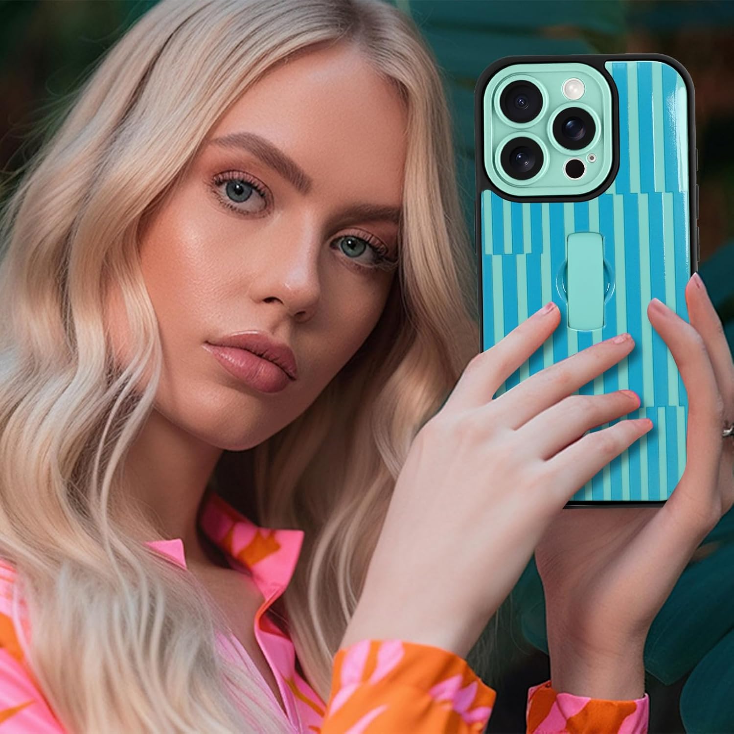 Compatible with iPhone 16 Pro Case with Finger Hand Strap Kickstand, Cute Flowers Floral Phone Case for Girls Women Men, Full Camera Protection Shockproof Protective Cover, Green Flowers - Image 6