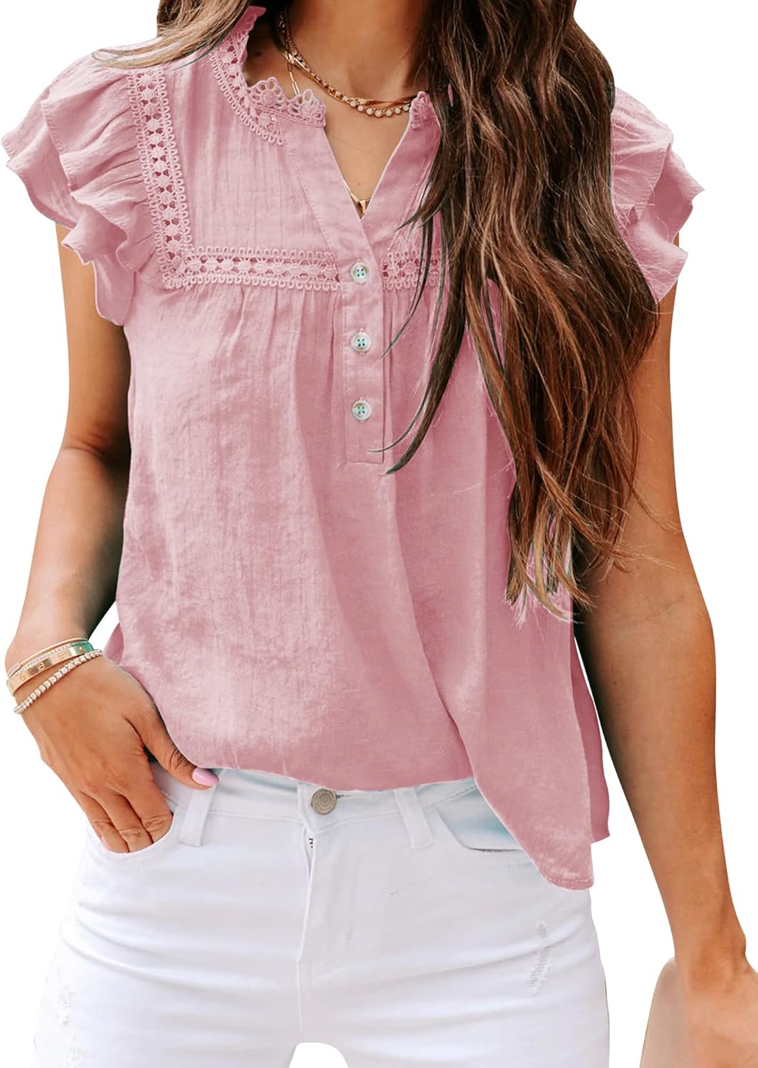 Orchidays Women's V Neck Lace Crochet Shirts Short Sleeve Button Down Casual Solid Blouse Tops small Pink